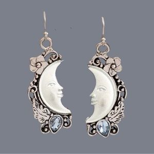 Mystical Luna Charm: Pearlized Crescent Moon Earrings with Glass Gem Accents